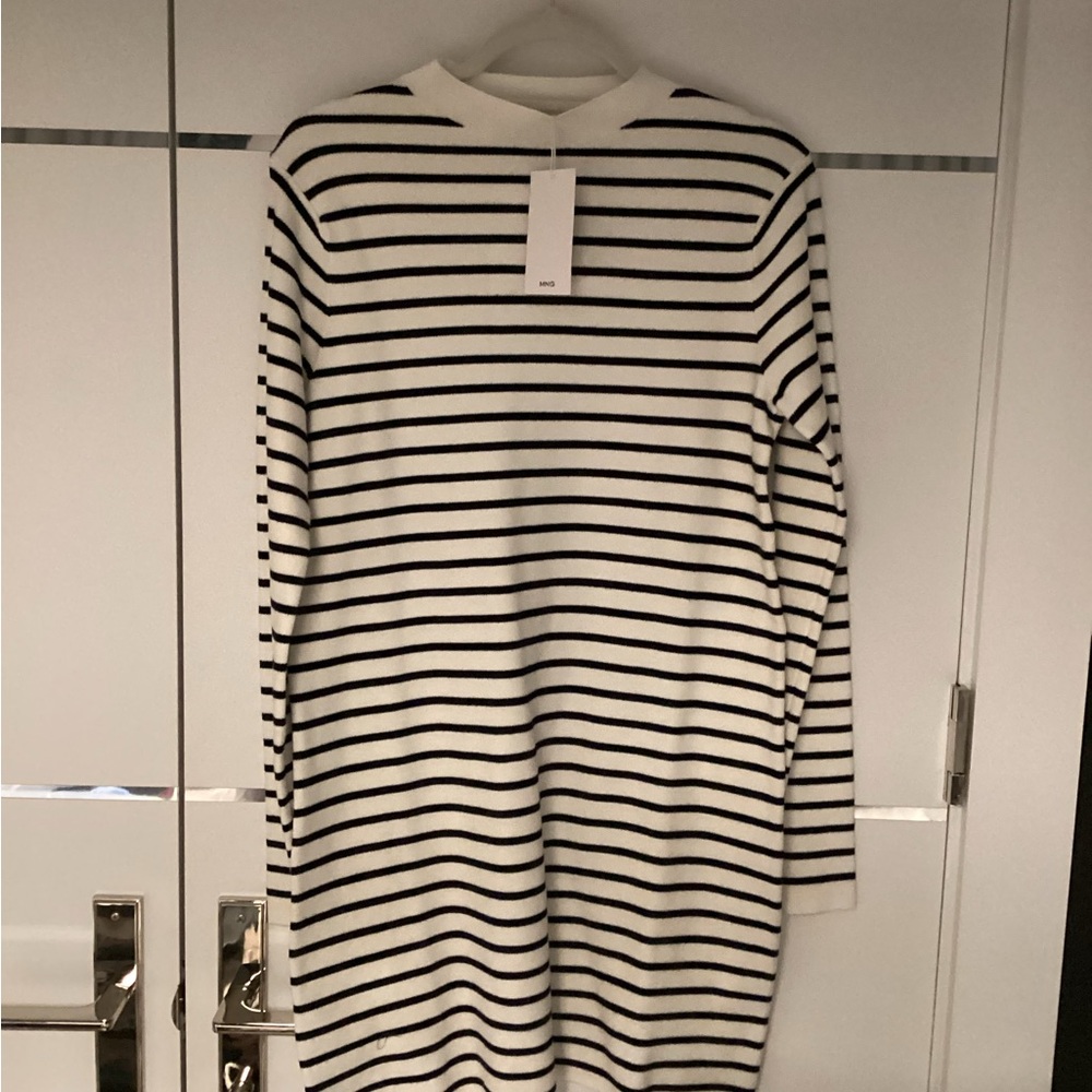 Mango Black & White Striped Long Sleeve Dress